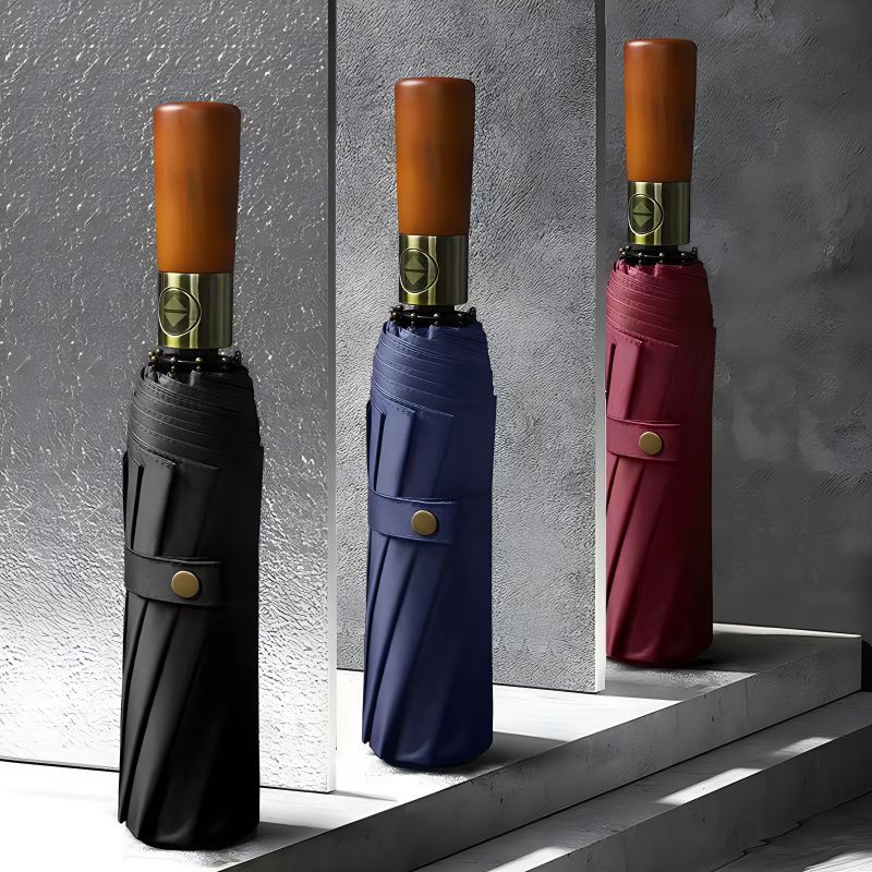 Automatic Folding Umbrella with Wooden Handle – Windproof Large Canopy Rain Umbrella, Black, Navy or Red - Nalani - Fashion Clothing and Decor