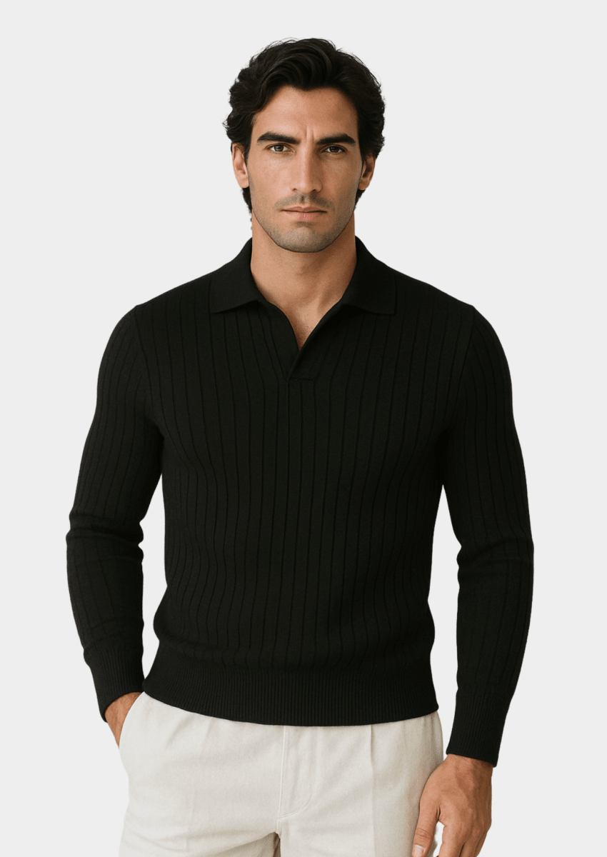 Black Ribbed Polo Sweater With Open Collar For Smart Casual Knit - Nalani - UK Fashion Clothing and Decor
