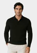Black Ribbed Polo Sweater With Open Collar For Smart Casual Knit - Nalani - UK Fashion Clothing and Decor