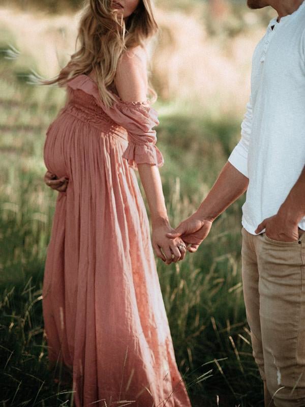 Boho Chic Maternity Dress with Boat Neck – Off Shoulder Pregnancy Dress, Midi, Baby Shower & Photoshoot, S–2XL – Flōre - Nalani - Fashion Clothing and Decor