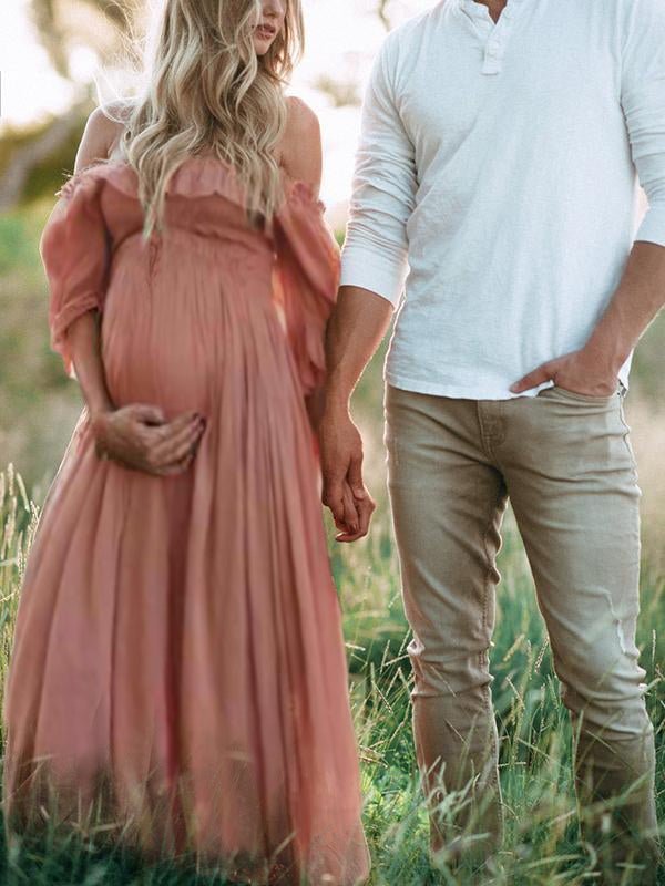 Boho Chic Maternity Dress with Boat Neck – Off Shoulder Pregnancy Dress, Midi, Baby Shower & Photoshoot, S–2XL – Flōre - Nalani - Fashion Clothing and Decor