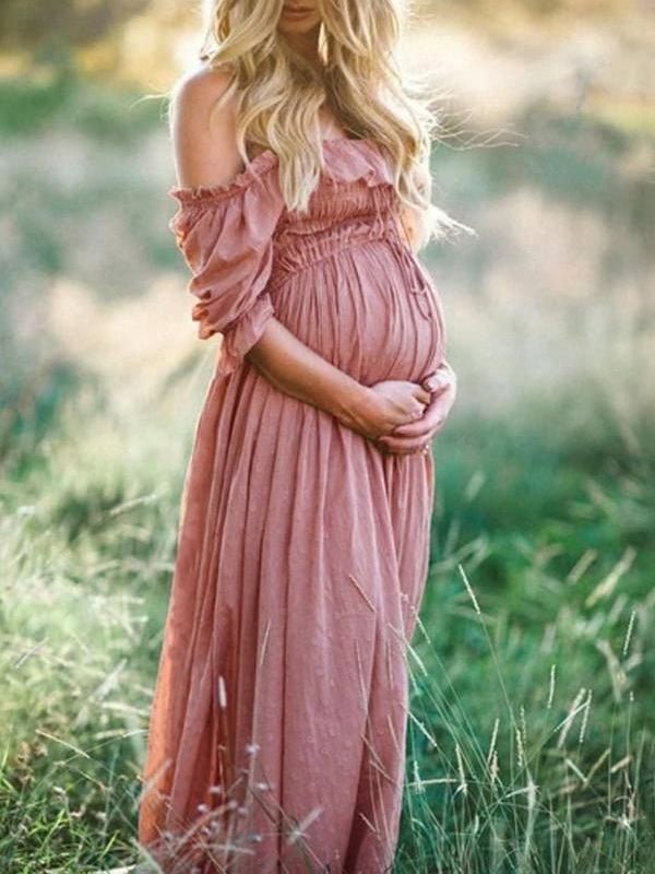 Boho Chic Maternity Dress with Boat Neck – Off Shoulder Pregnancy Dress, Midi, Baby Shower & Photoshoot, S–2XL – Flōre - Nalani - Fashion Clothing and Decor