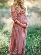 Boho Chic Maternity Dress with Boat Neck – Off Shoulder Pregnancy Dress, Midi, Baby Shower & Photoshoot, S–2XL – Flōre - Nalani - Fashion Clothing and Decor