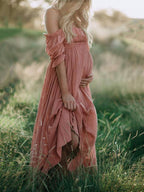 Boho Chic Maternity Dress with Boat Neck – Off Shoulder Pregnancy Dress, Midi, Baby Shower & Photoshoot, S–2XL – Flōre - Nalani - Fashion Clothing and Decor