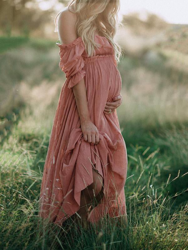 Boho Chic Maternity Dress with Boat Neck – Off Shoulder Pregnancy Dress, Midi, Baby Shower & Photoshoot, S–2XL – Flōre - Nalani - Fashion Clothing and Decor