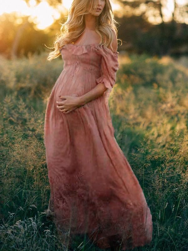 Boho Chic Maternity Dress with Boat Neck – Off Shoulder Pregnancy Dress, Midi, Baby Shower & Photoshoot, S–2XL – Flōre - Nalani - Fashion Clothing and Decor