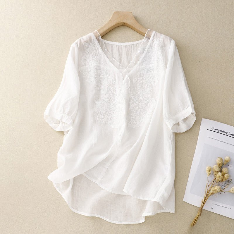 Boho Embroidered Linen Blend V Neck Short Sleeve Blouse - Nalani - UK and AUS Fashion Clothing and Decor