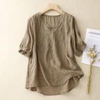 Boho Embroidered Linen Blend V Neck Short Sleeve Blouse - Nalani - UK and AUS Fashion Clothing and Decor