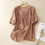 Boho Embroidered Linen Blend V Neck Short Sleeve Blouse - Nalani - UK and AUS Fashion Clothing and Decor
