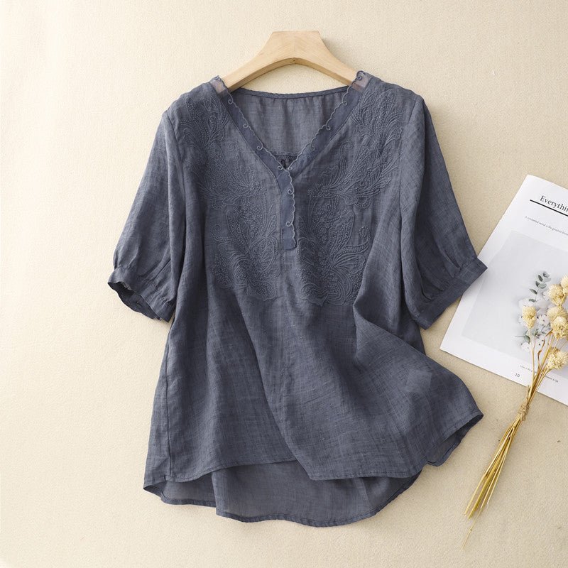 Boho Embroidered Linen Blend V Neck Short Sleeve Blouse - Nalani - UK and AUS Fashion Clothing and Decor