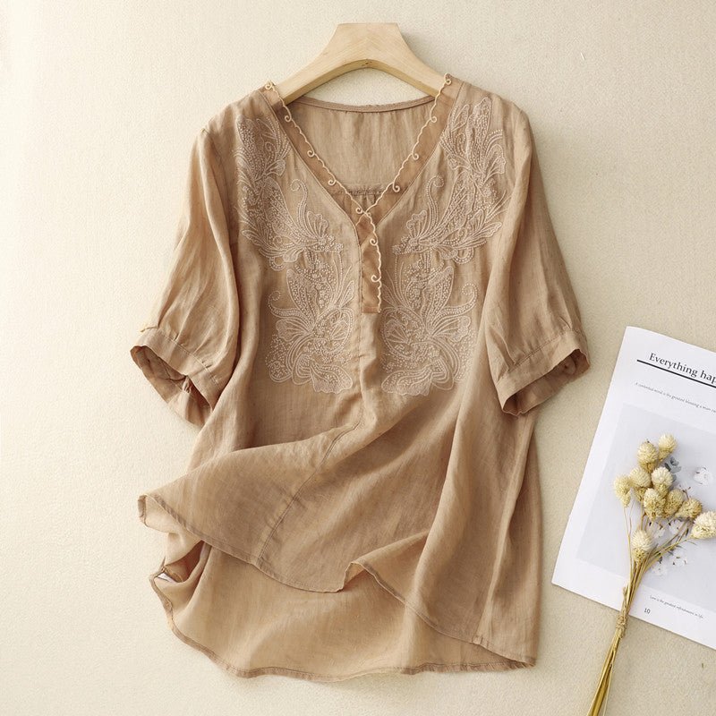 Boho Embroidered Linen Blend V Neck Short Sleeve Blouse - Nalani - UK and AUS Fashion Clothing and Decor