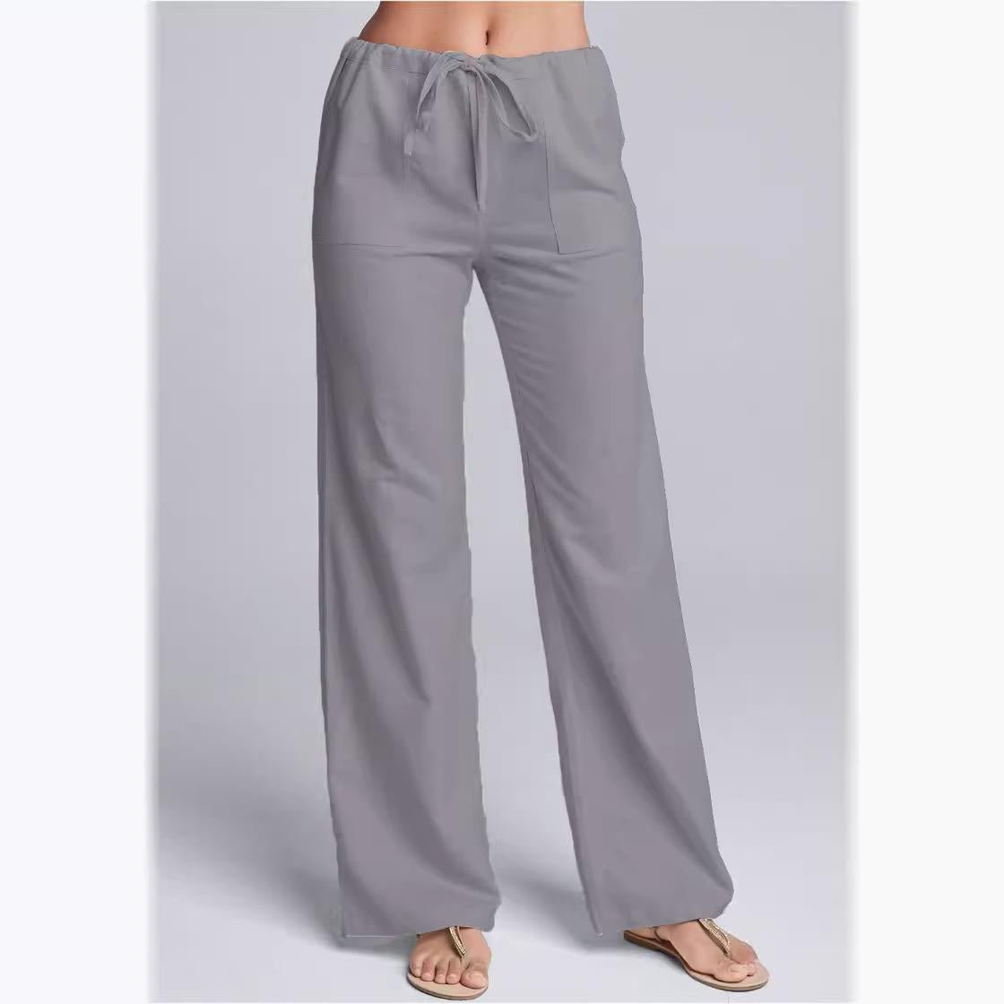 Caleni | Women’s Casual Trousers – Cotton Linen Blend – Loose Fit – Drawstring Waist – Full Length - Nalani - UK Fashion Clothing and Decor