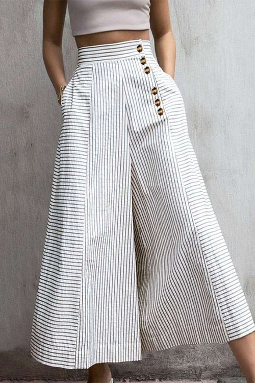 Caleni | Women's Wide - Leg Trousers - High Waist - Lightweight Cotton Blend - Striped - With Pockets - Nalani - UK Fashion Clothing and Decor