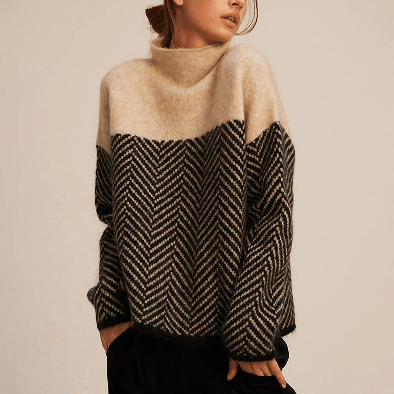 Cashmere Women's Turtleneck Sweater Relaxed Fit Chevron - Nalani - Fashion Clothing and Decor