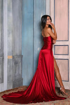 Celeni | Women's Evening Cocktail Prom Red Dress - Strapless Fitted Bodice - High Slit Elegant Maxi Gown - Nalani - UK Fashion Clothing and Decor