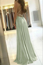 Celeni | Women's Evening Prom Gown - Floor - Length Satin - Spaghetti Straps - Square Neck - High Slit - Nalani - UK Fashion Clothing and Decor