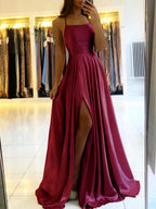 Celeni | Women's Evening Prom Gown - Floor - Length Satin - Spaghetti Straps - Square Neck - High Slit - Nalani - UK Fashion Clothing and Decor