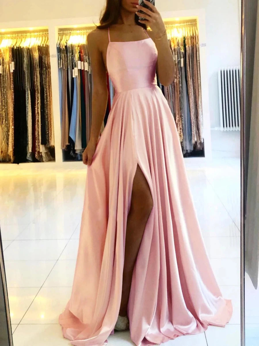 Celeni | Women's Evening Prom Gown - Floor - Length Satin - Spaghetti Straps - Square Neck - High Slit - Nalani - UK Fashion Clothing and Decor