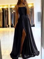 Celeni | Women's Evening Prom Gown - Floor - Length Satin - Spaghetti Straps - Square Neck - High Slit - Nalani - UK Fashion Clothing and Decor