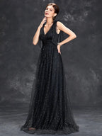 Celeni | Women's Evening Prom Gown - V - Neck Sleeveless - Glitter Embellished - Floor - Length Elegant Dress - Nalani - UK Fashion Clothing and Decor