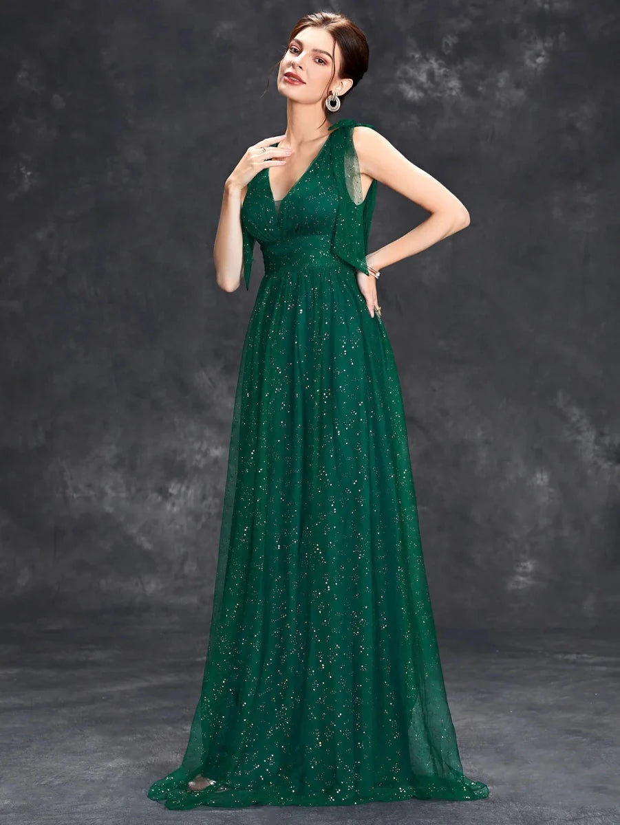 Celeni | Women's Evening Prom Gown - V - Neck Sleeveless - Glitter Embellished - Floor - Length Elegant Dress - Nalani - UK Fashion Clothing and Decor