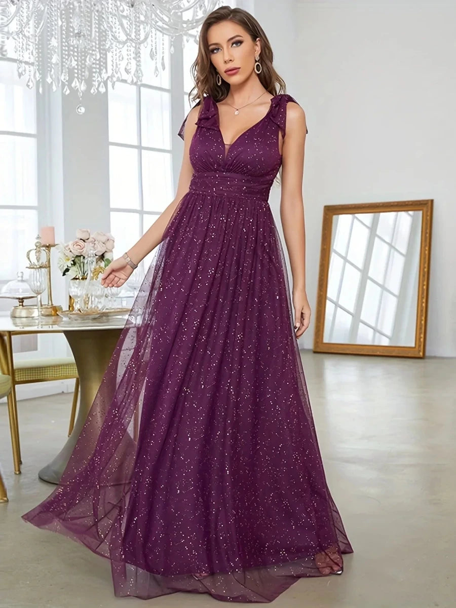 Celeni | Women's Evening Prom Gown - V - Neck Sleeveless - Glitter Embellished - Floor - Length Elegant Dress - Nalani - UK Fashion Clothing and Decor