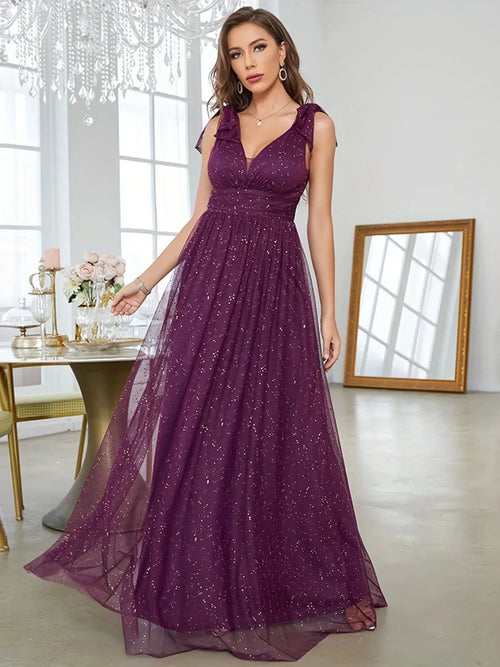 Celeni | Women's Evening Prom Gown - V - Neck Sleeveless - Glitter Embellished - Floor - Length Elegant Dress - Nalani - UK Fashion Clothing and Decor
