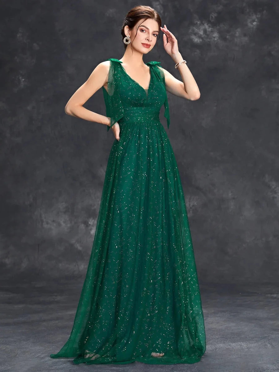 Celeni | Women's Evening Prom Gown - V - Neck Sleeveless - Glitter Embellished - Floor - Length Elegant Dress - Nalani - UK Fashion Clothing and Decor