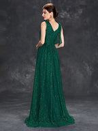 Celeni | Women's Evening Prom Gown - V - Neck Sleeveless - Glitter Embellished - Floor - Length Elegant Dress - Nalani - UK Fashion Clothing and Decor