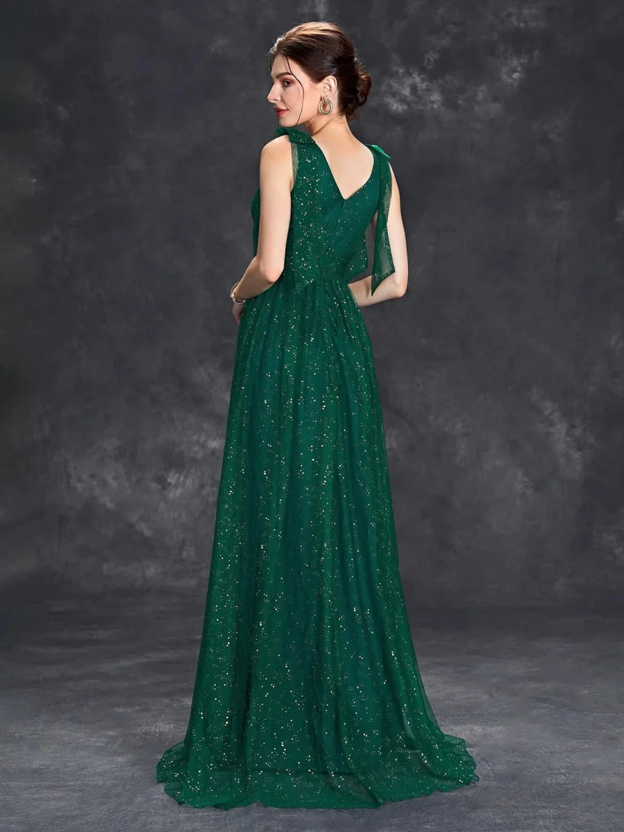 Celeni | Women's Evening Prom Gown - V - Neck Sleeveless - Glitter Embellished - Floor - Length Elegant Dress - Nalani - UK Fashion Clothing and Decor