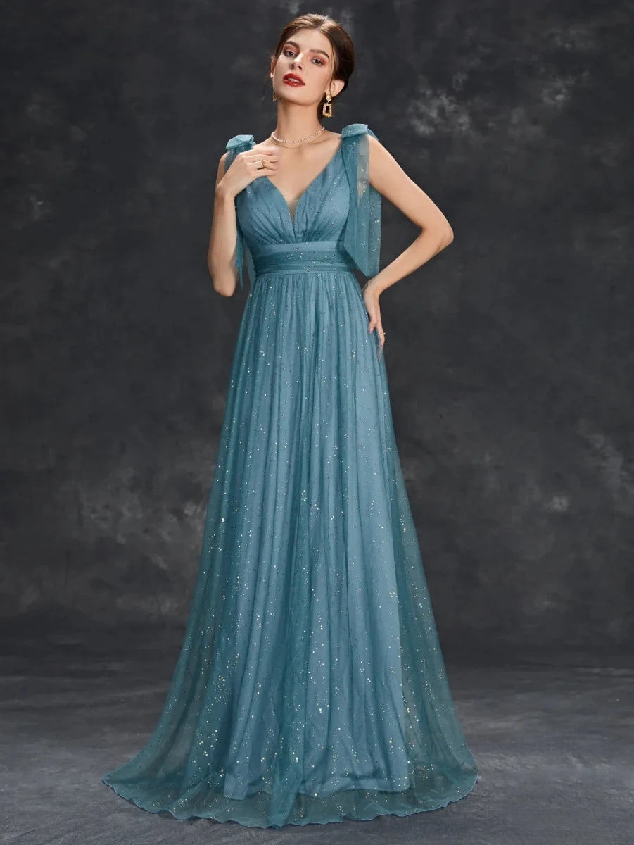 Celeni | Women's Evening Prom Gown - V - Neck Sleeveless - Glitter Embellished - Floor - Length Elegant Dress - Nalani - UK Fashion Clothing and Decor
