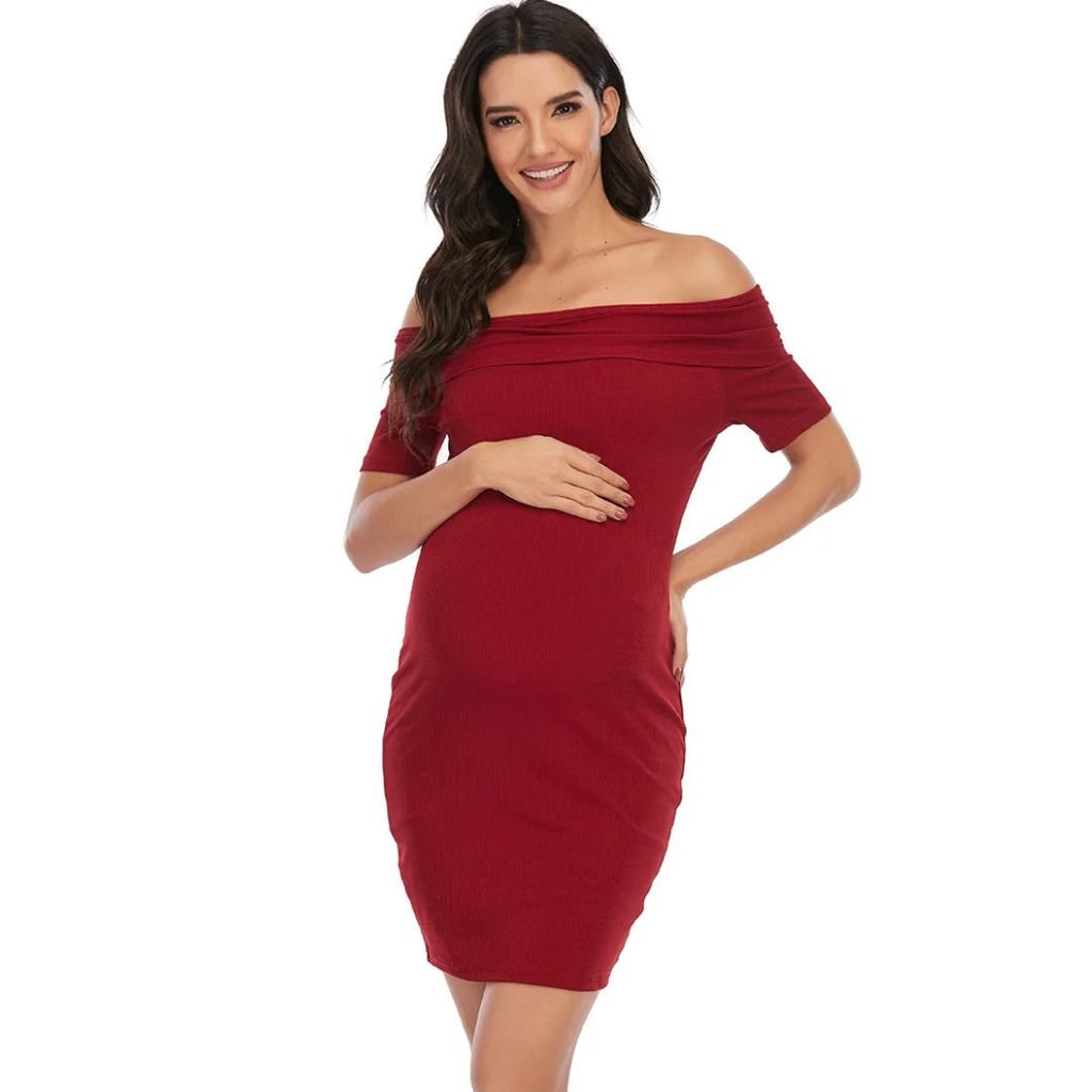 Chantal Maternity Dress – Off Shoulder Bodycon Pregnancy Dress, Above the Knee, 5 Colors, S–2XL – Parsha - Nalani - Fashion Clothing and Decor