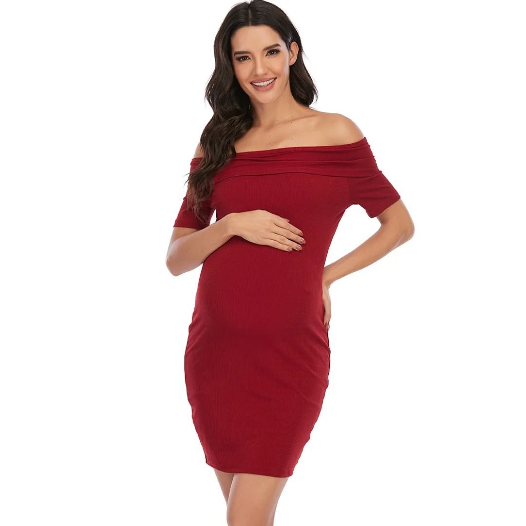 Chantal Maternity Dress – Off Shoulder Bodycon Pregnancy Dress, Above the Knee, 5 Colors, S–2XL – Parsha - Nalani - Fashion Clothing and Decor