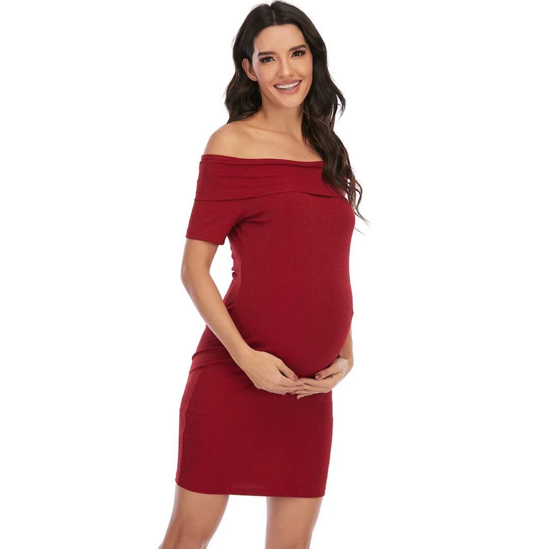 Chantal Maternity Dress – Off Shoulder Bodycon Pregnancy Dress, Above the Knee, 5 Colors, S–2XL – Parsha - Nalani - Fashion Clothing and Decor