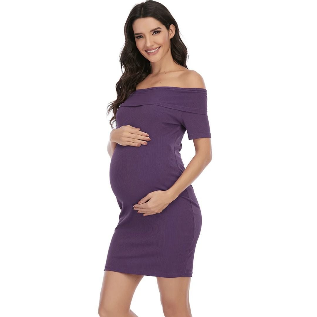 Chantal Maternity Dress – Off Shoulder Bodycon Pregnancy Dress, Above the Knee, 5 Colors, S–2XL – Parsha - Nalani - Fashion Clothing and Decor