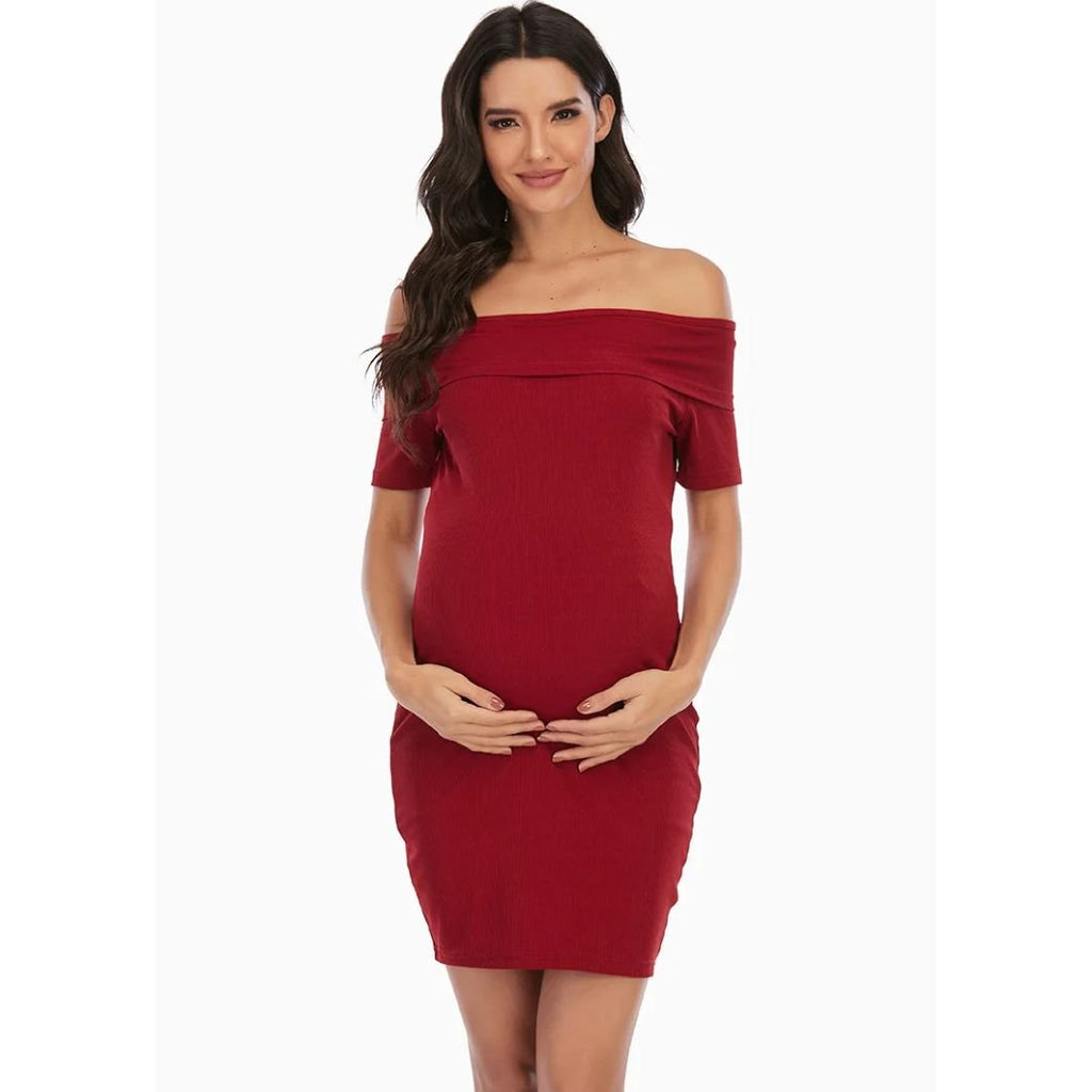 Chantal Maternity Dress – Off Shoulder Bodycon Pregnancy Dress, Above the Knee, 5 Colors, S–2XL – Parsha - Nalani - Fashion Clothing and Decor