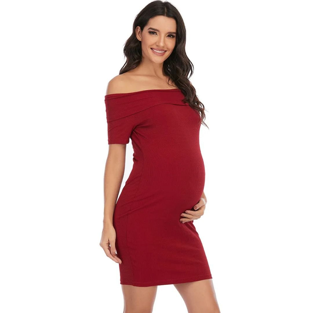 Chantal Maternity Dress – Off Shoulder Bodycon Pregnancy Dress, Above the Knee, 5 Colors, S–2XL – Parsha - Nalani - Fashion Clothing and Decor