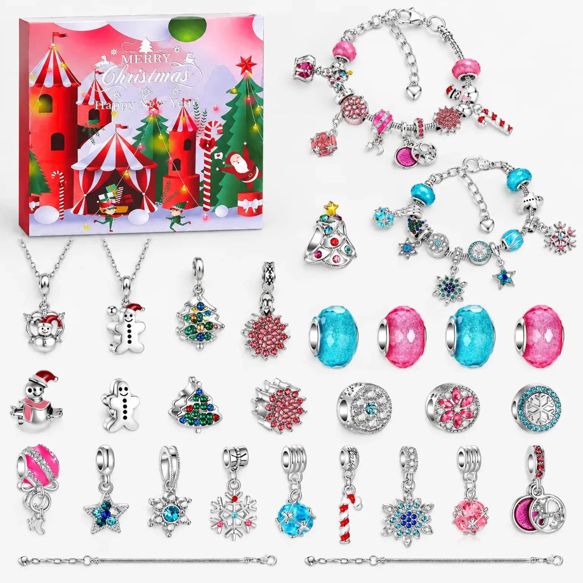 Charm Bracelet Advent Calendar for Girls – 2 Silver Plated Bracelets & 22 Charms and Beads, DIY Bracelet Set, 9 Designs - Nalani - Fashion Clothing and Decor