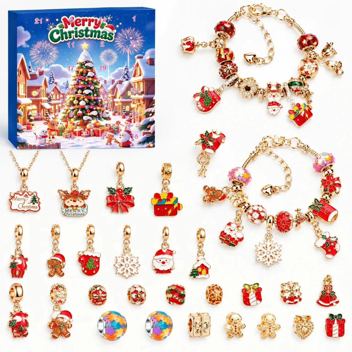 Charm Bracelet Advent Calendar for Girls – 2 Silver Plated Bracelets & 22 Charms and Beads, DIY Bracelet Set, 9 Designs - Nalani - Fashion Clothing and Decor