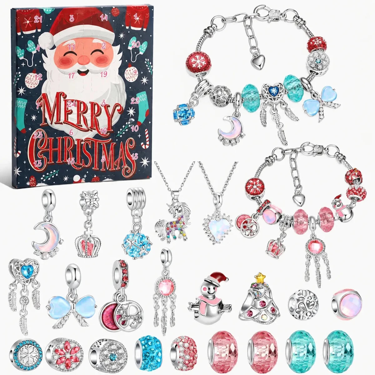Charm Bracelet Advent Calendar for Girls – 2 Silver Plated Bracelets & 22 Charms and Beads, DIY Bracelet Set, 9 Designs - Nalani - Fashion Clothing and Decor