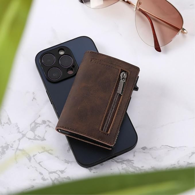 Compact Wallet with Pop-Up Card Holder and RFID Blocking – Aluminum Slide, Bill Holder & Coin Pocket – Brown, Carbon & Black - Nalani - Fashion Clothing and Decor