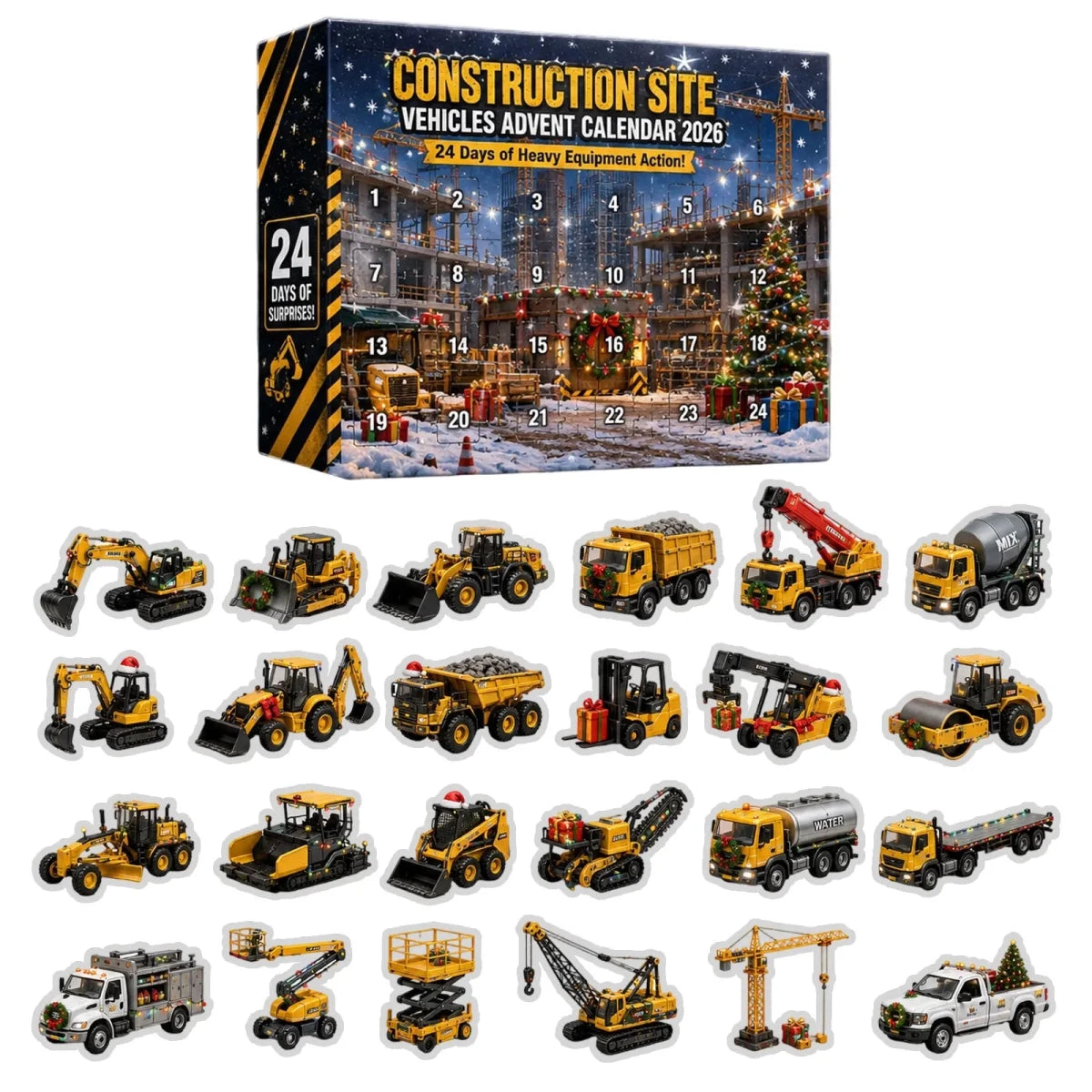 Construction Vehicle Advent Calendar for Kids – 24 Excavator & Cement Mixer Acrylic Ornaments, Non-Candy Countdown - Nalani - Fashion Clothing and Decor