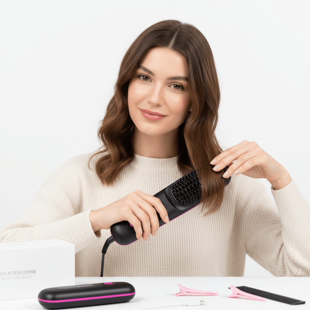 Cordless Hair Straightener Brush with LED Display - Portable USB Rechargeable Ceramic Heated Straightening Comb with Anti-Scald Negative Ionic Technology - Nalani - Fashion Clothing and Decor