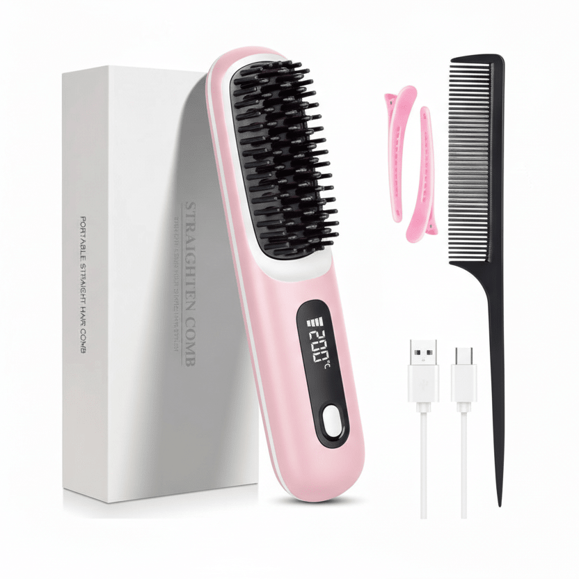 Cordless Hair Straightener Brush with LED Display - Portable USB Rechargeable Ceramic Heated Straightening Comb with Anti-Scald Negative Ionic Technology - Nalani - Fashion Clothing and Decor