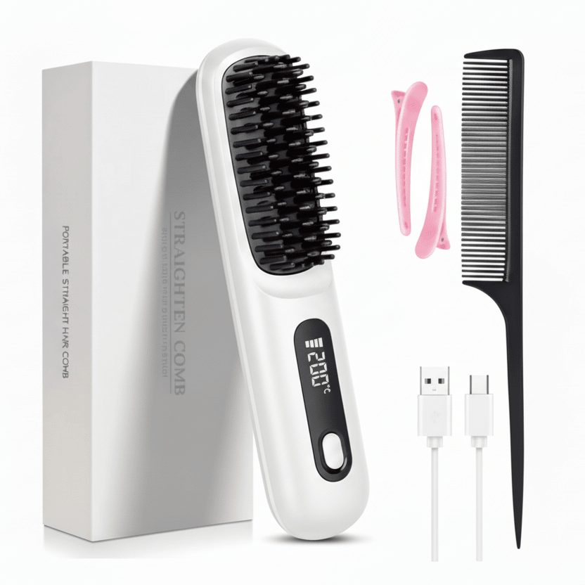 Cordless Hair Straightener Brush with LED Display - Portable USB Rechargeable Ceramic Heated Straightening Comb with Anti-Scald Negative Ionic Technology - Nalani - Fashion Clothing and Decor