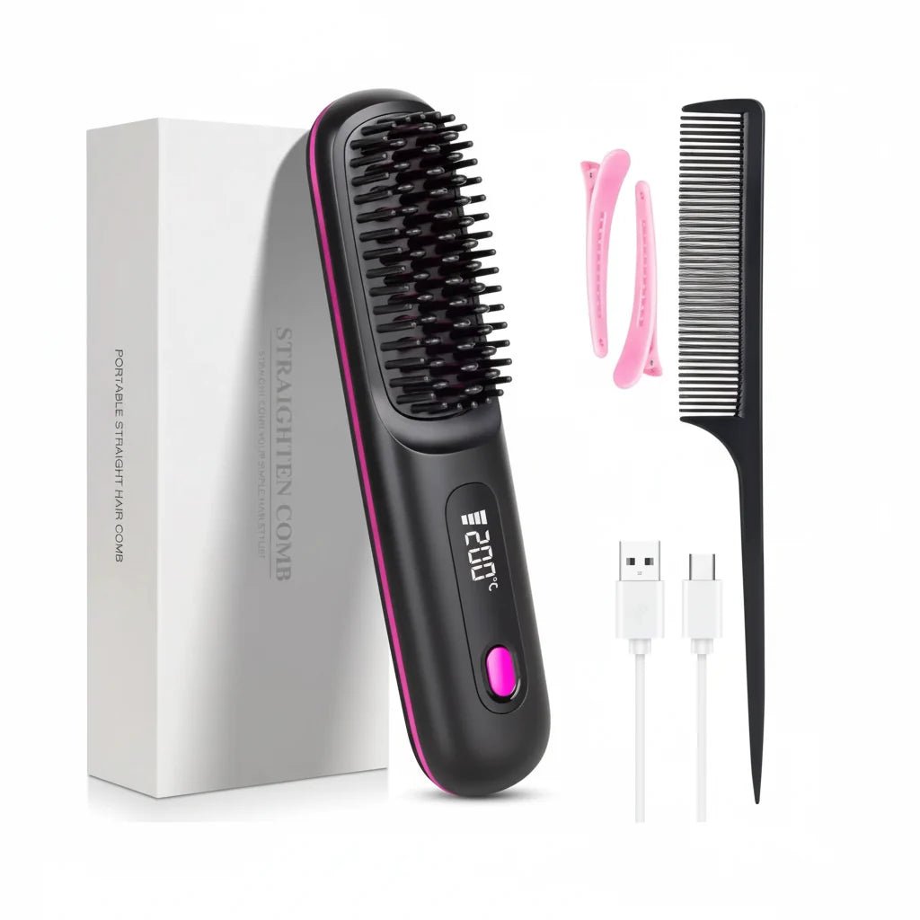 Cordless Hair Straightener Brush with LED Display - Portable USB Rechargeable Ceramic Heated Straightening Comb with Anti-Scald Negative Ionic Technology - Nalani - Fashion Clothing and Decor