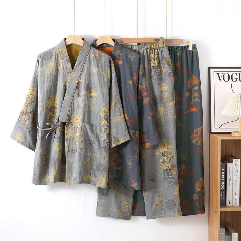 Cotton Kimono Pajama Set With Watercolor Landscape Print - Nalani - UK Fashion Clothing and Decor