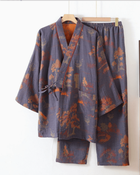 Cotton Kimono Pajama Set With Watercolor Landscape Print - Nalani - Fashion Clothing and Decor