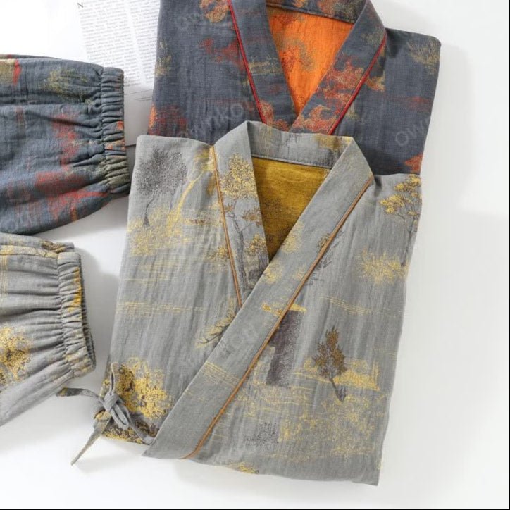 Cotton Kimono Pajama Set With Watercolor Landscape Print - Nalani - UK Fashion Clothing and Decor