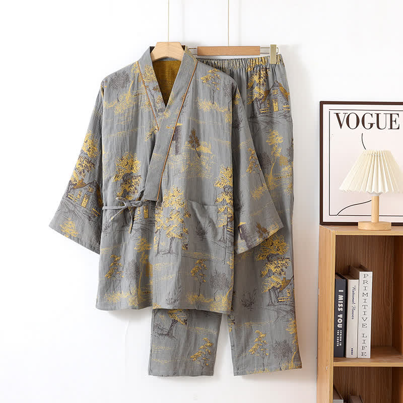 Cotton Kimono Pajama Set With Watercolor Landscape Print - Nalani - UK Fashion Clothing and Decor